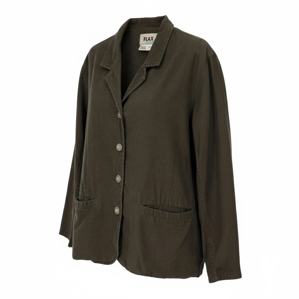 FLAX 100% Cotton Lagenlook Jacket Blazer Olive Button Front Pockets Women’s M